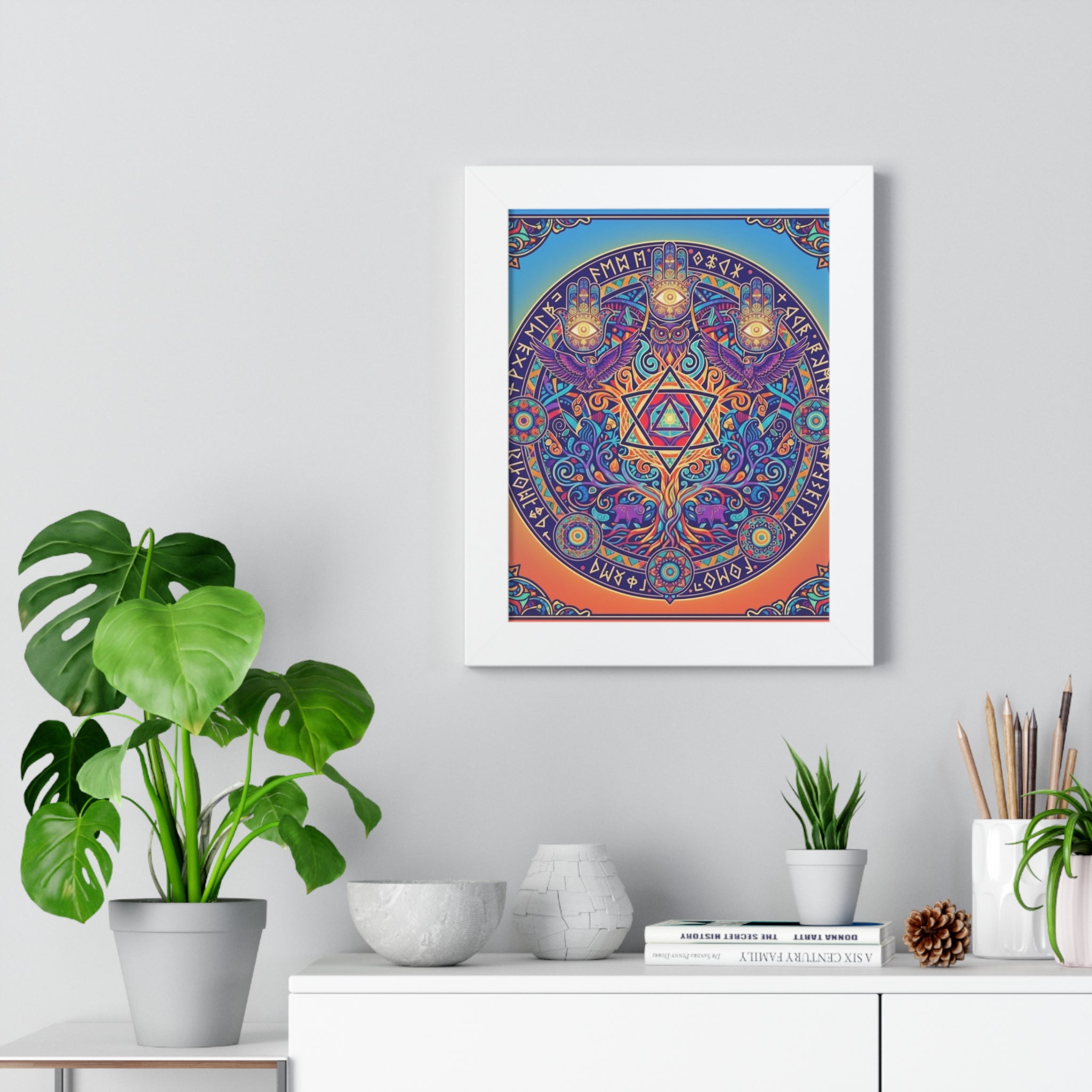 Bohemian Framed Vertical Poster, Colorful Wall Art, Spiritual Home Decor, Vibrant Room Accent, Meditation Gift