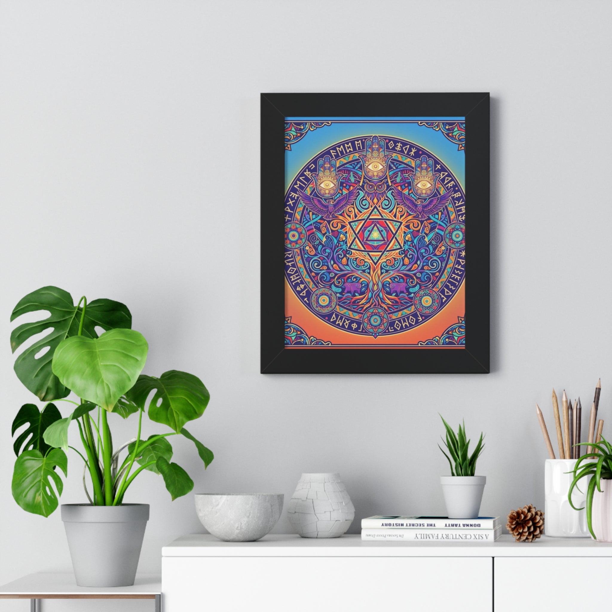 Bohemian Framed Vertical Poster, Colorful Wall Art, Spiritual Home Decor, Vibrant Room Accent, Meditation Gift