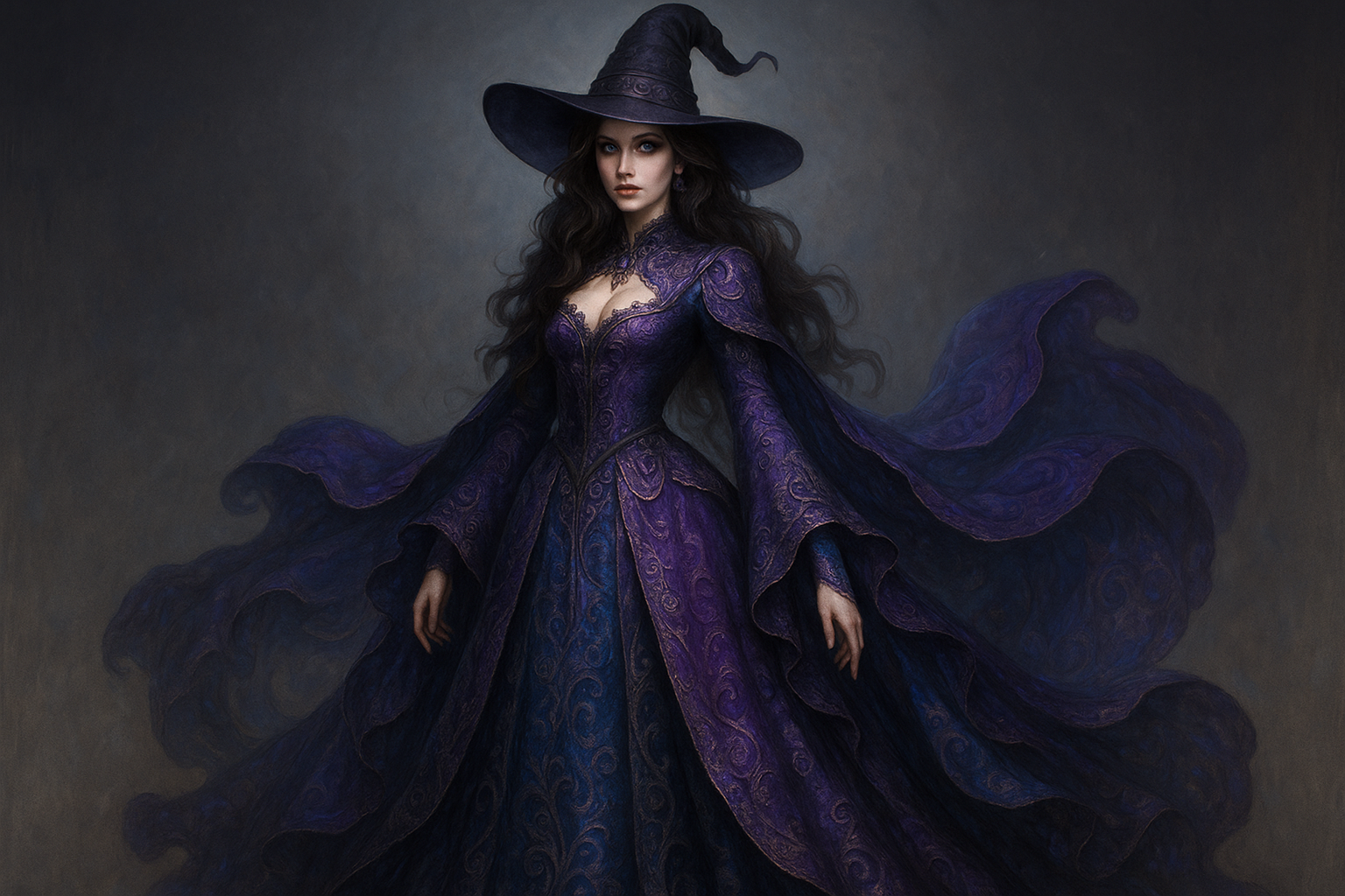 a beautiful witch with a purple black and blue gown
