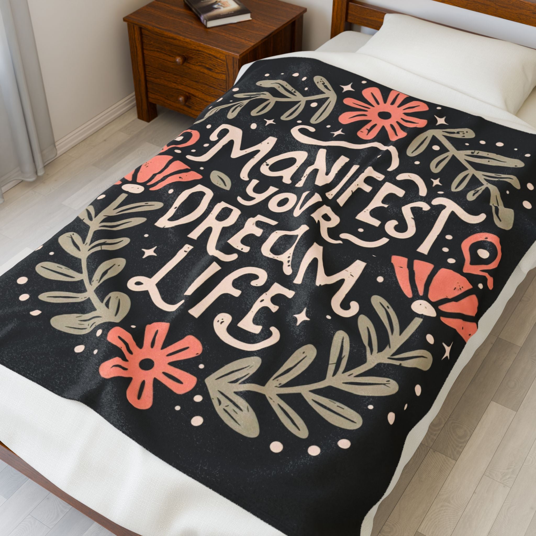 Cozy Velveteen Plush Blanket - 'Manifest Your Dream Life' - Soft Throw for Meditation, Home Decor, Gift for Dreamers, Inspirational Blanket