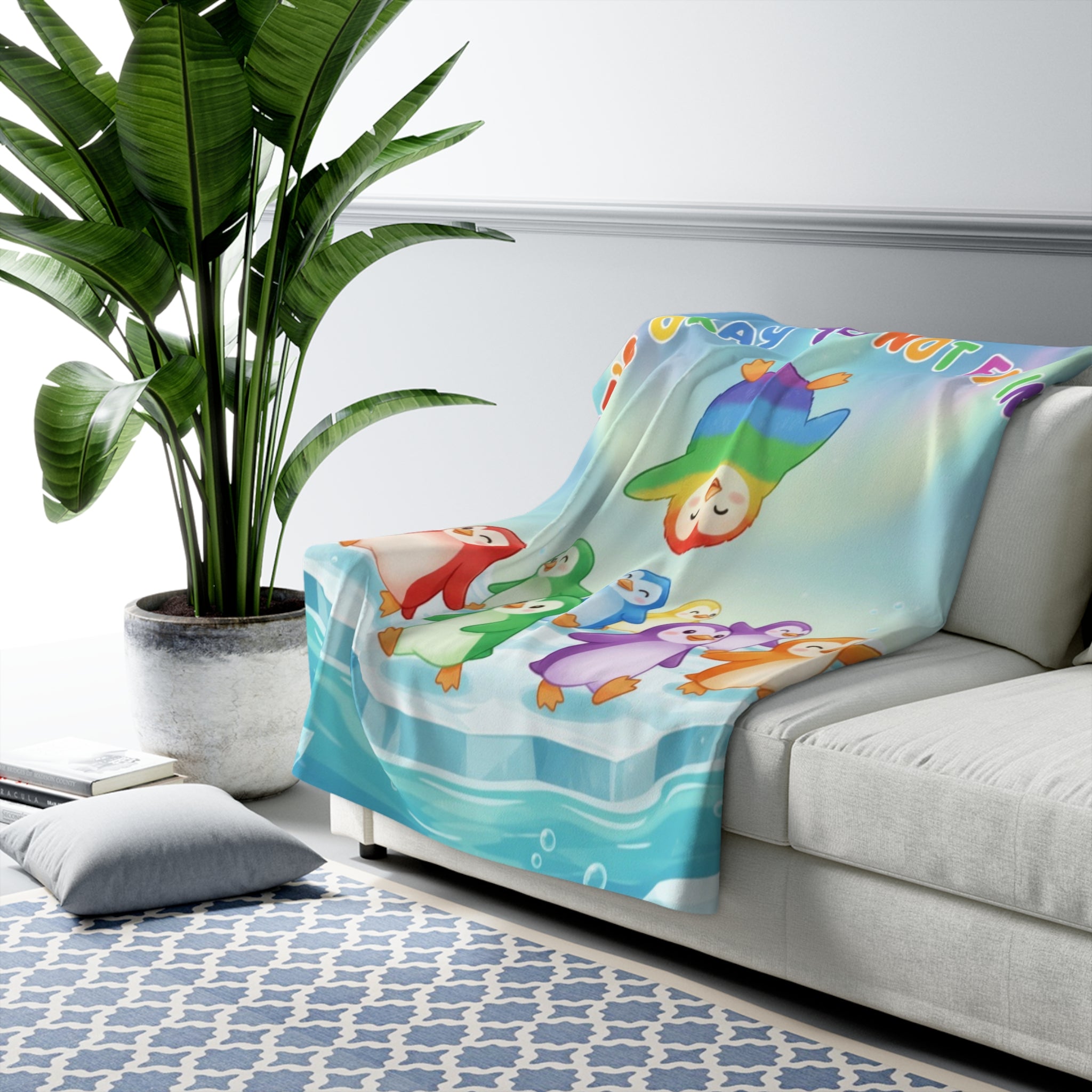 Colorful Penguin Sherpa Fleece Blanket, Cozy Blanket for Kids, Gift for Animal Lovers, Motivational Decor, Perfect for Holidays