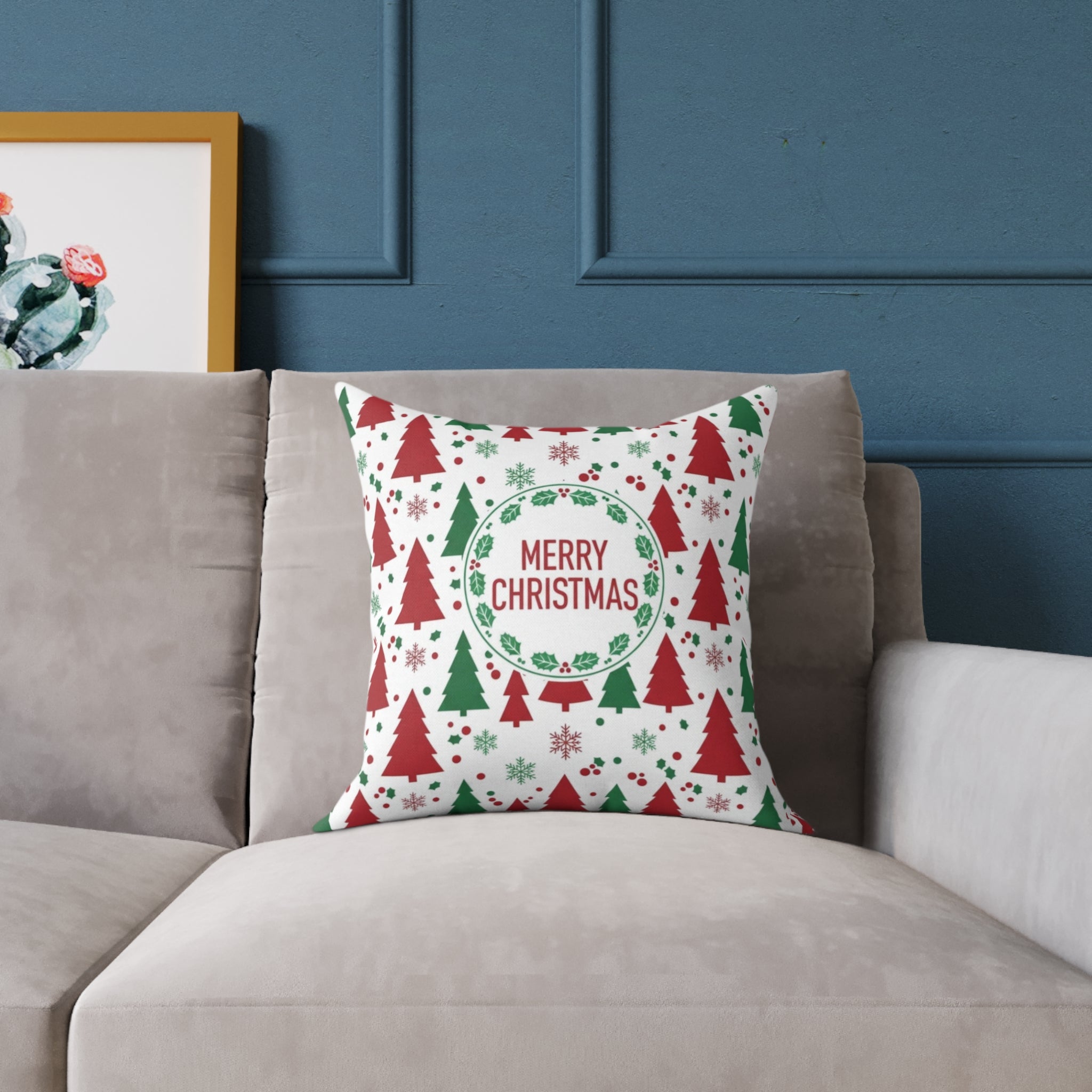 Christmas Tree Decorative Pillow - Festive Square Poly Canvas Cushion