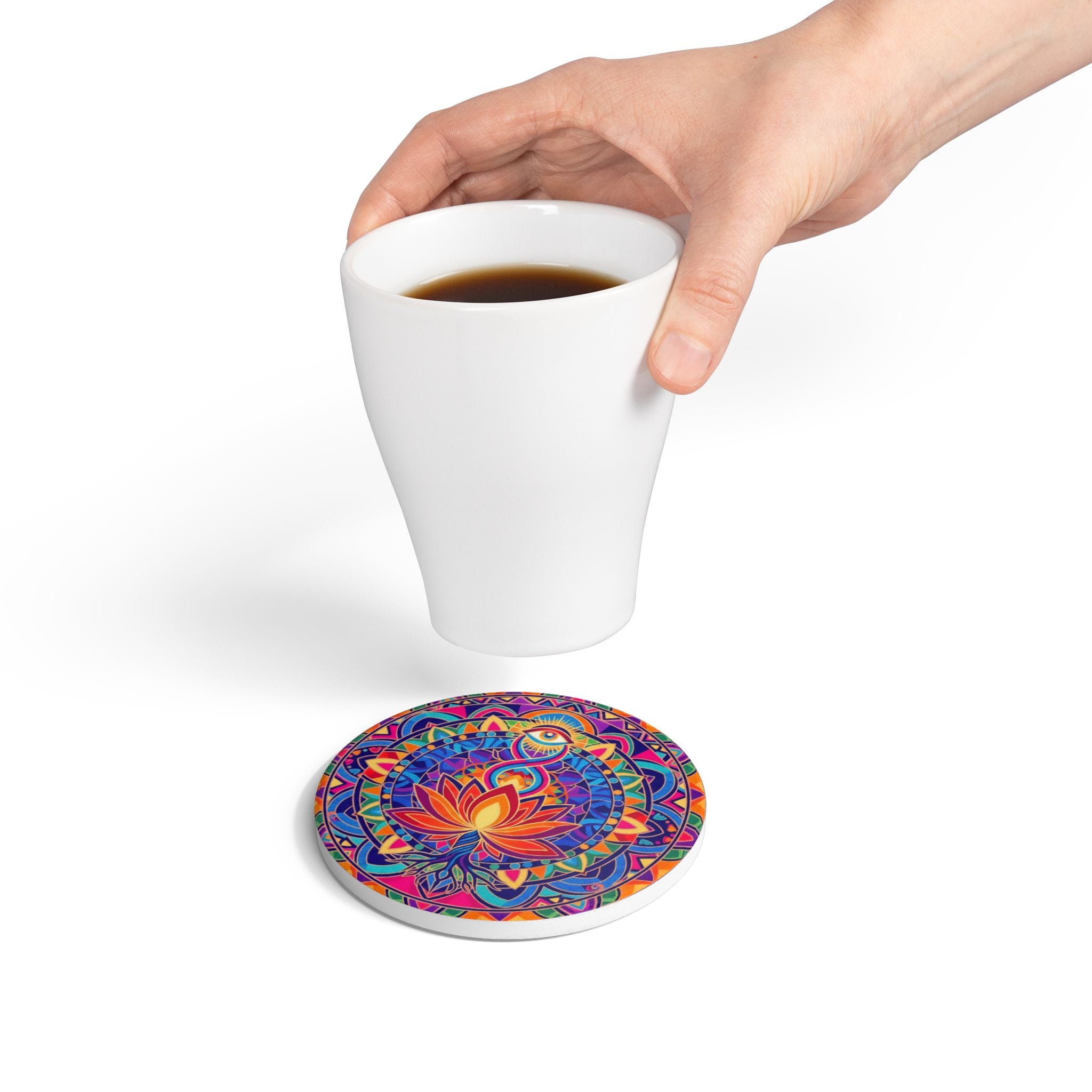 Colorful Mandala Ceramic Coaster Set, Boho Home Decor, Yoga Gift, Meditation Accessory, Colorful Tableware