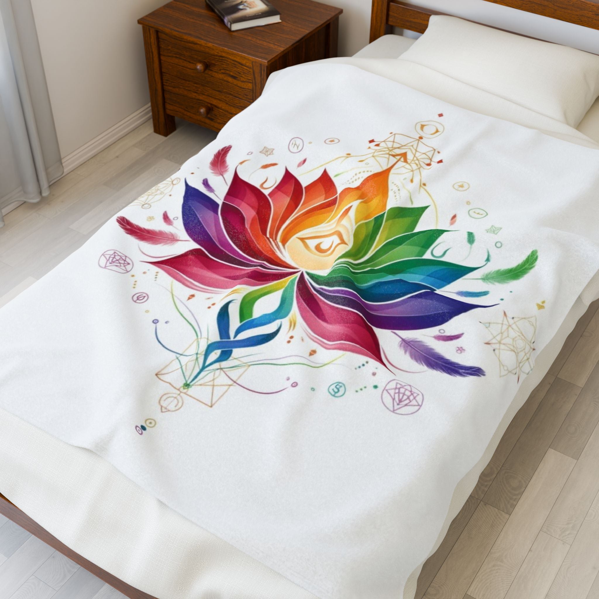 Colorful Lotus Velveteen Plush Blanket, Cozy Throw for Meditation, Bohemian Decor, Spa and Home Gift, Colorful Art Blanket